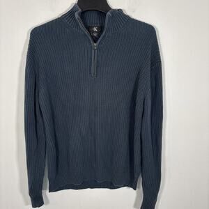 Calvin Klein Ribbed Sweater Mens XL Navy Blue 100%‎ Cotton 1/4 Zip Mock Neck
